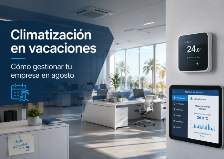 Oficina con sistema de climatización inteligente en modo vacaciones para gestionar la temperatura de la empresa en agosto.