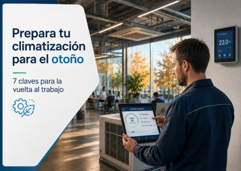 Técnico revisando la climatización de una empresa en septiembre para preparar la instalación para el otoño.