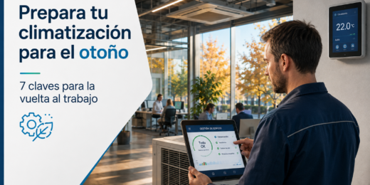 Técnico revisando la climatización de una empresa en septiembre para preparar la instalación para el otoño.