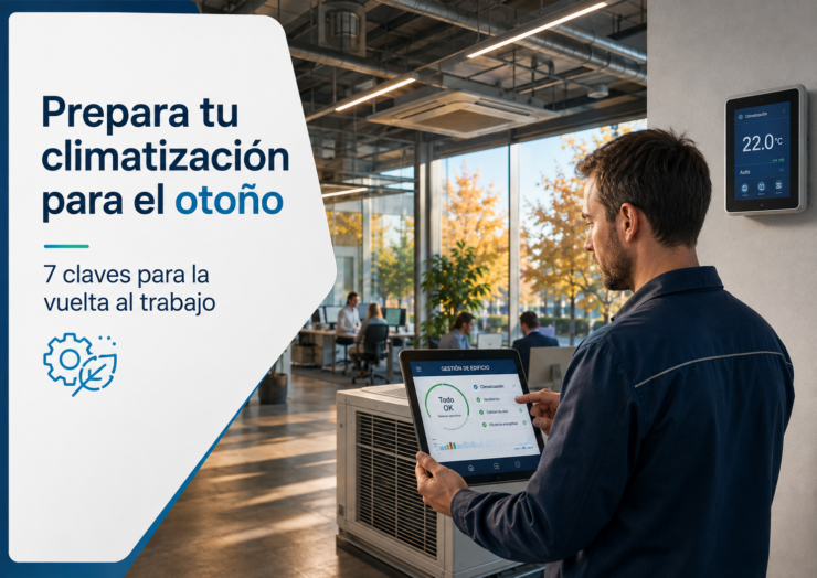 Técnico revisando la climatización de una empresa en septiembre para preparar la instalación para el otoño.